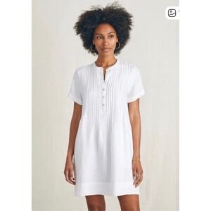 Faherty Gemina Linen Dress White Short Sleeve Pintuck Henley Mini Dress Small